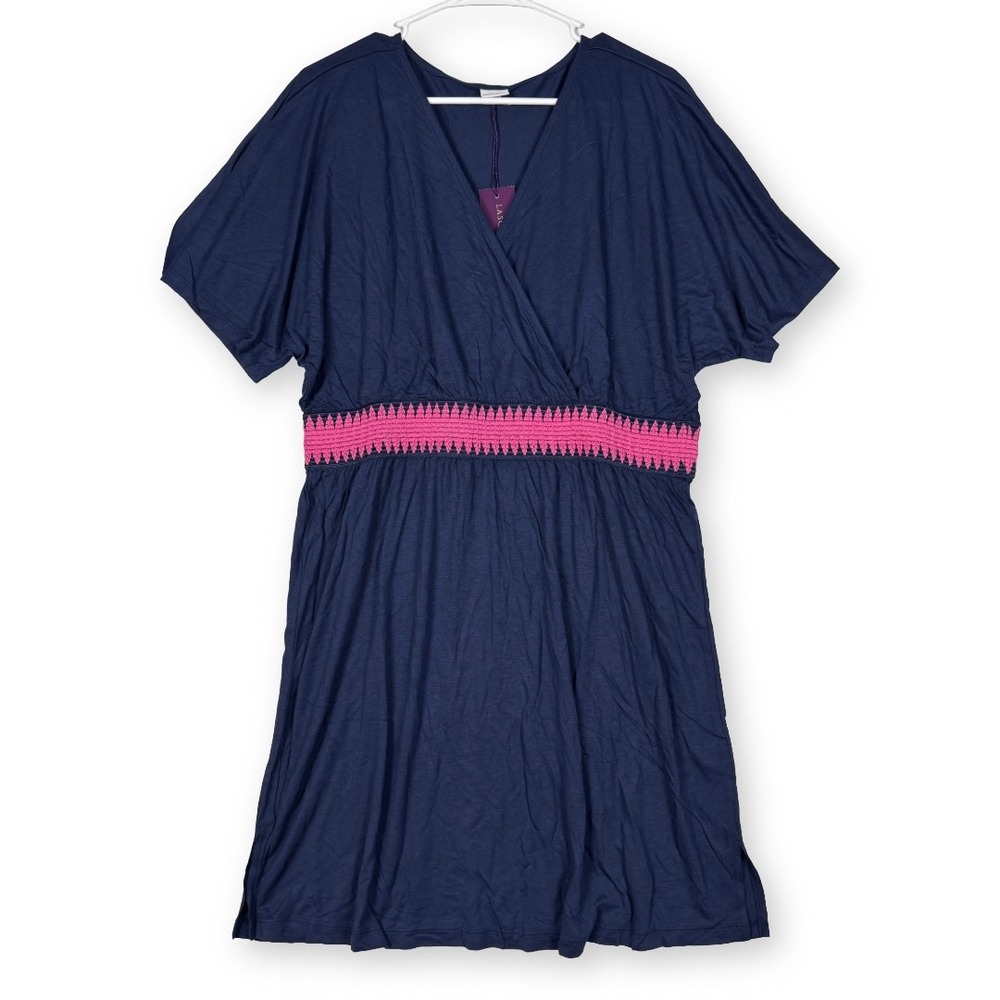 Lascana Navy Blue Pink Embroidered Waist V-Neck Dress Size 12 X29016-12-NV